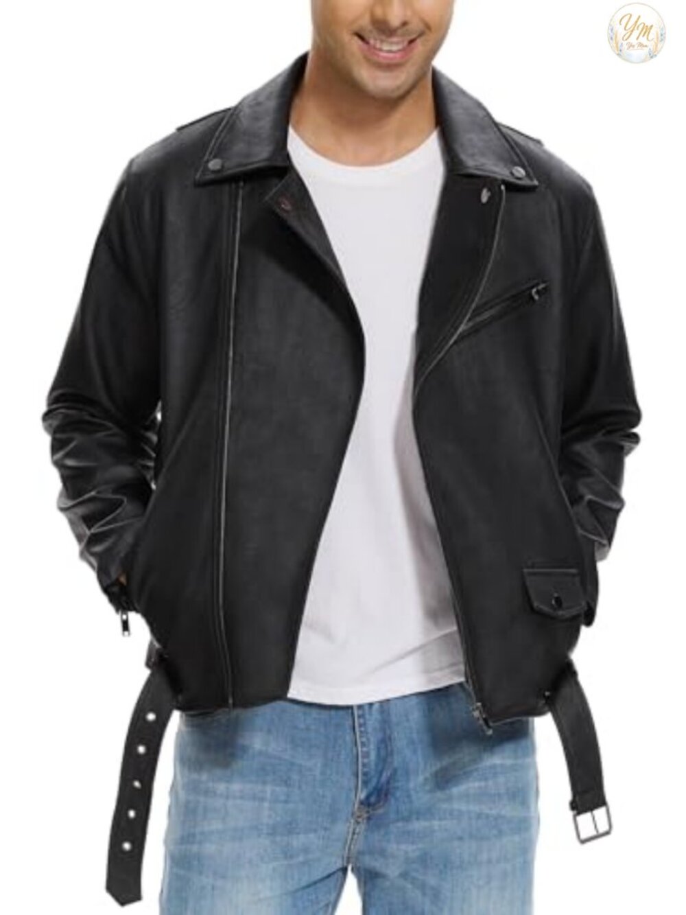 Men's Faux Leather Motorcycle Jacket Aviator Style Notch Collar Zip Front